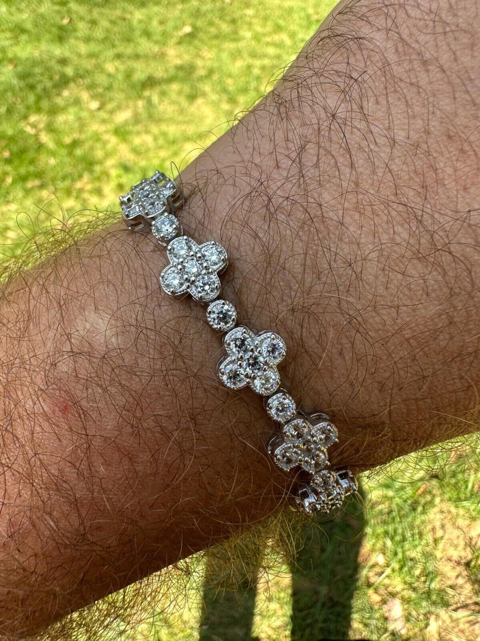 HarlemBling Real Solid 925 Silver 10mm Iced CZ Clover Flower Tennis Bracelet Mens Ladies