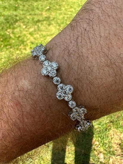 HarlemBling Real Solid 925 Silver 10mm Iced CZ Clover Flower Tennis Bracelet Mens Ladies
