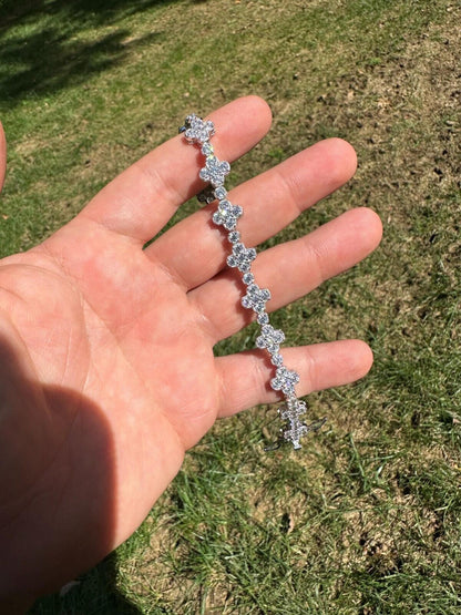 HarlemBling Real Solid 925 Silver 10mm Iced CZ Clover Flower Tennis Bracelet Mens Ladies