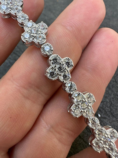 HarlemBling Real Solid 925 Silver 10mm Iced CZ Clover Flower Tennis Bracelet Mens Ladies