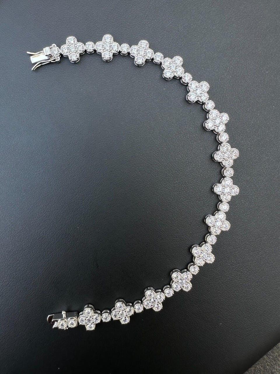 HarlemBling Real Solid 925 Silver 10mm Iced CZ Clover Flower Tennis Bracelet Mens Ladies