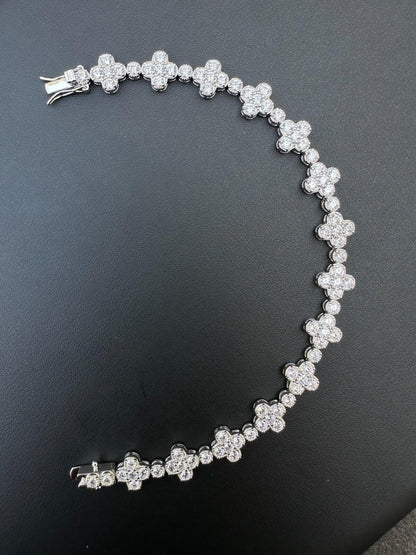 HarlemBling Real Solid 925 Silver 10mm Iced CZ Clover Flower Tennis Bracelet Mens Ladies