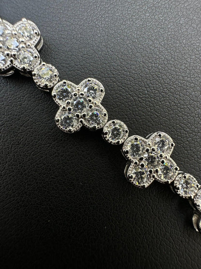 HarlemBling Real Solid 925 Silver 10mm Iced CZ Clover Flower Tennis Bracelet Mens Ladies