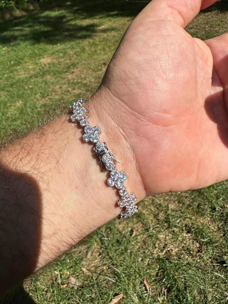 HarlemBling Real Solid 925 Silver 10mm Iced CZ Clover Flower Tennis Bracelet Mens Ladies