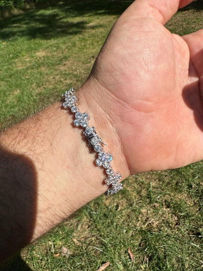 HarlemBling Real Solid 925 Silver 10mm Iced CZ Clover Flower Tennis Bracelet Mens Ladies