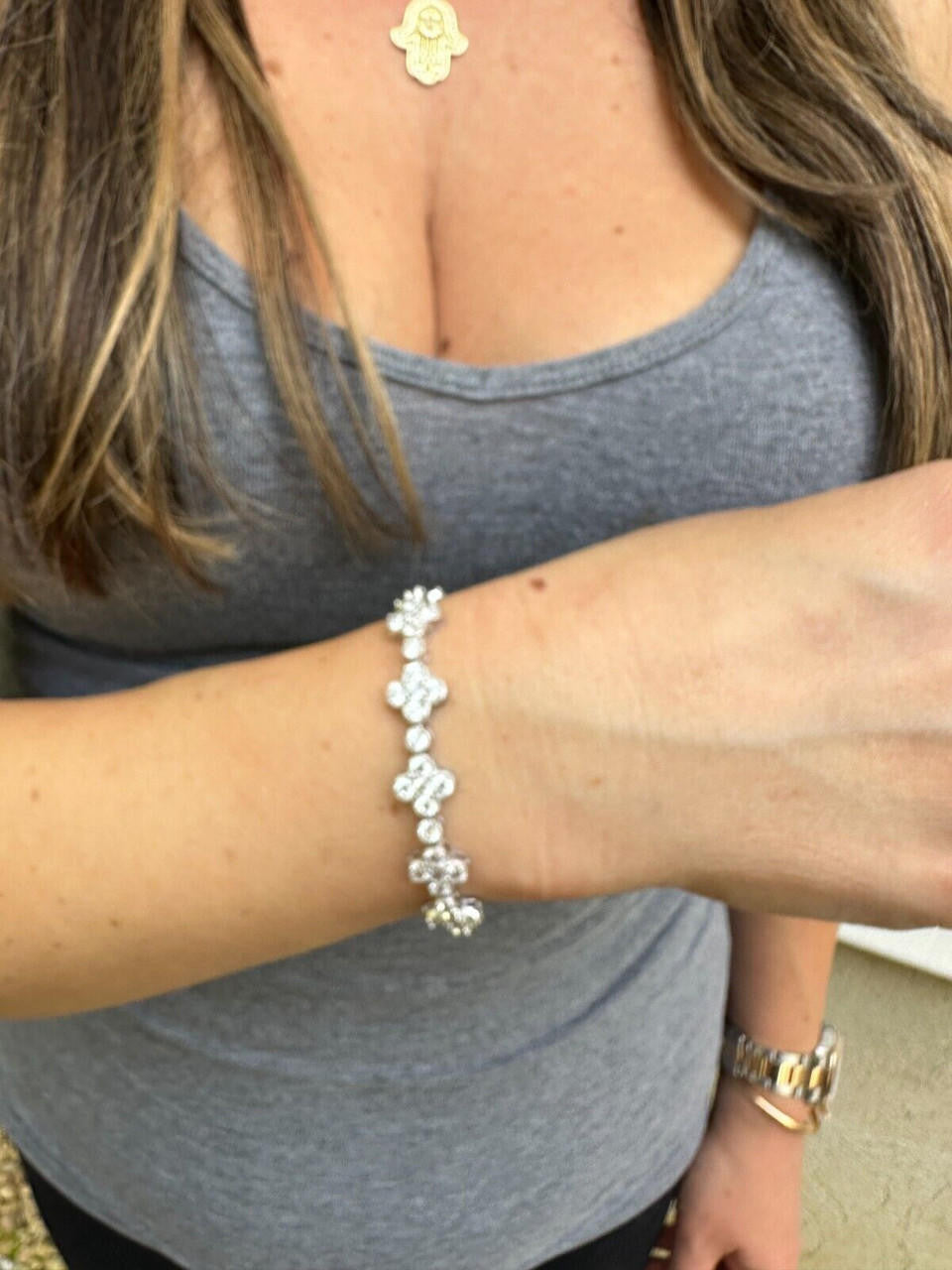 HarlemBling Real Solid 925 Silver 10mm Iced CZ Clover Flower Tennis Bracelet Mens Ladies