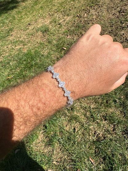 HarlemBling Real Solid 925 Silver 10mm Iced CZ Clover Flower Tennis Bracelet Mens Ladies