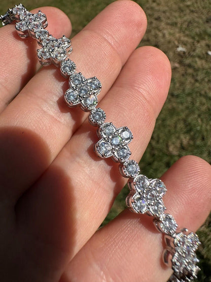 HarlemBling Real Solid 925 Silver 10mm Iced CZ Clover Flower Tennis Bracelet Mens Ladies