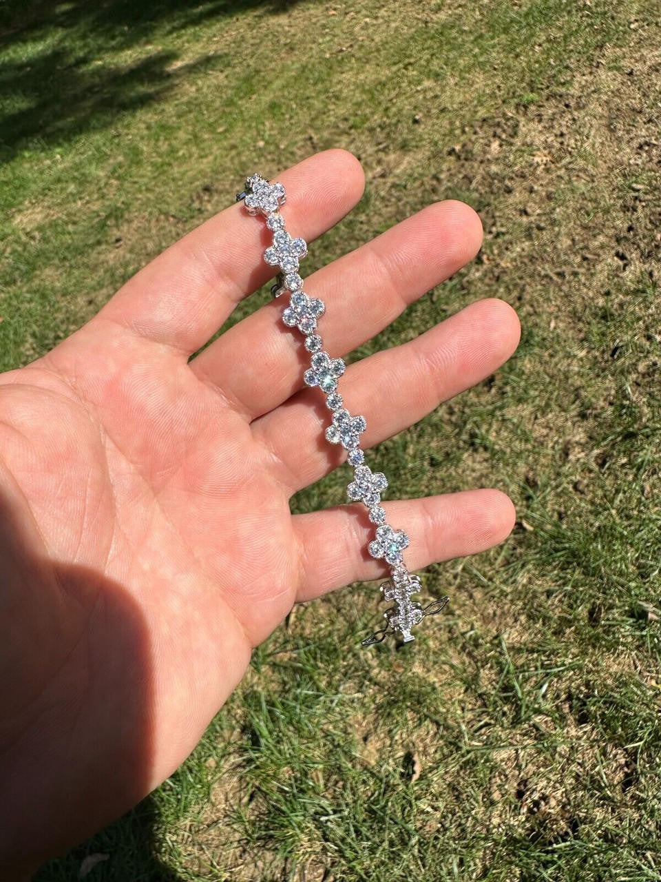 HarlemBling Real Solid 925 Silver 10mm Iced CZ Clover Flower Tennis Bracelet Mens Ladies