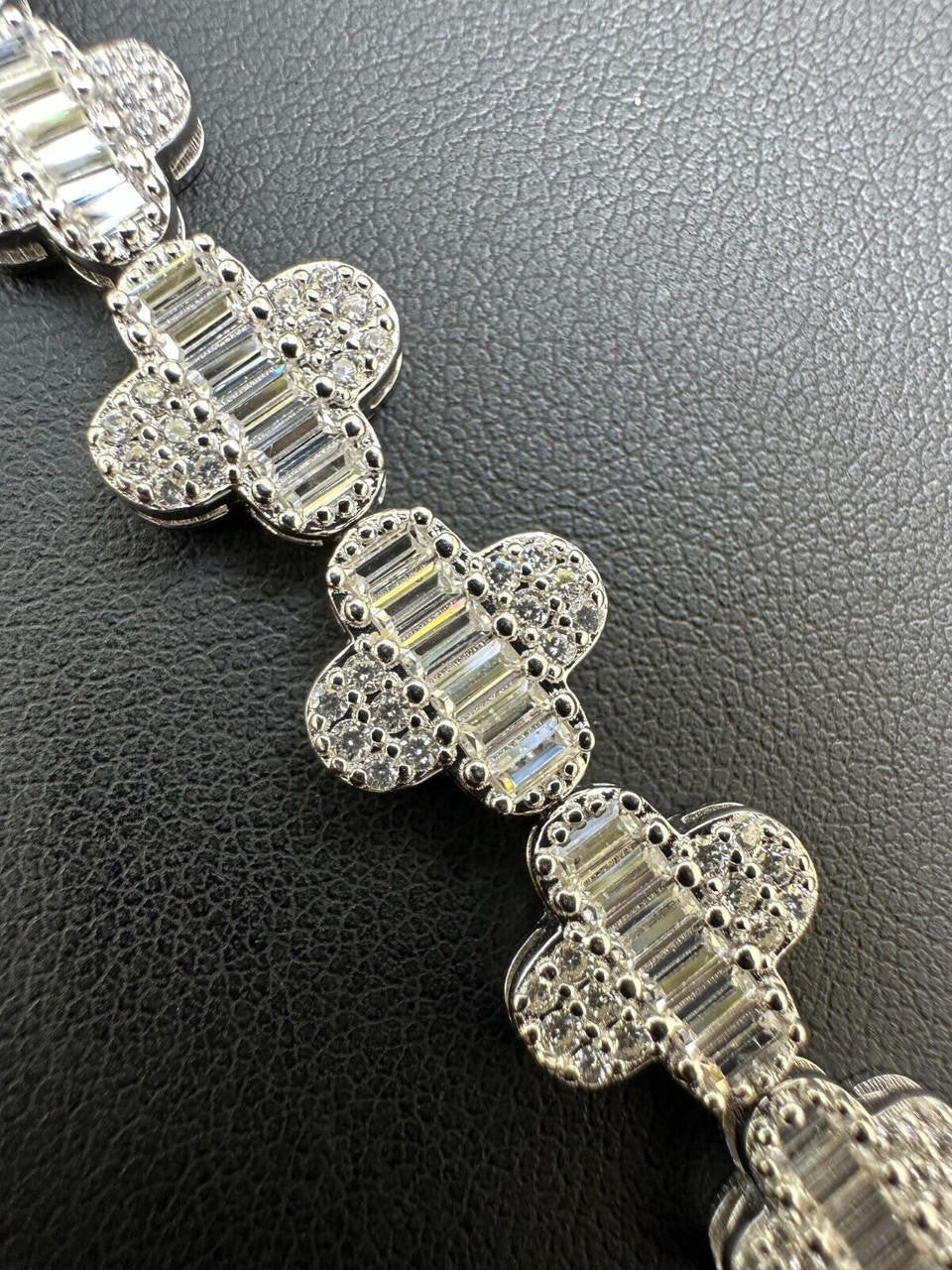 HarlemBling Real Solid 925 Silver 12mm Iced Baguette CZ Clover Graduated Tennis Bracelet