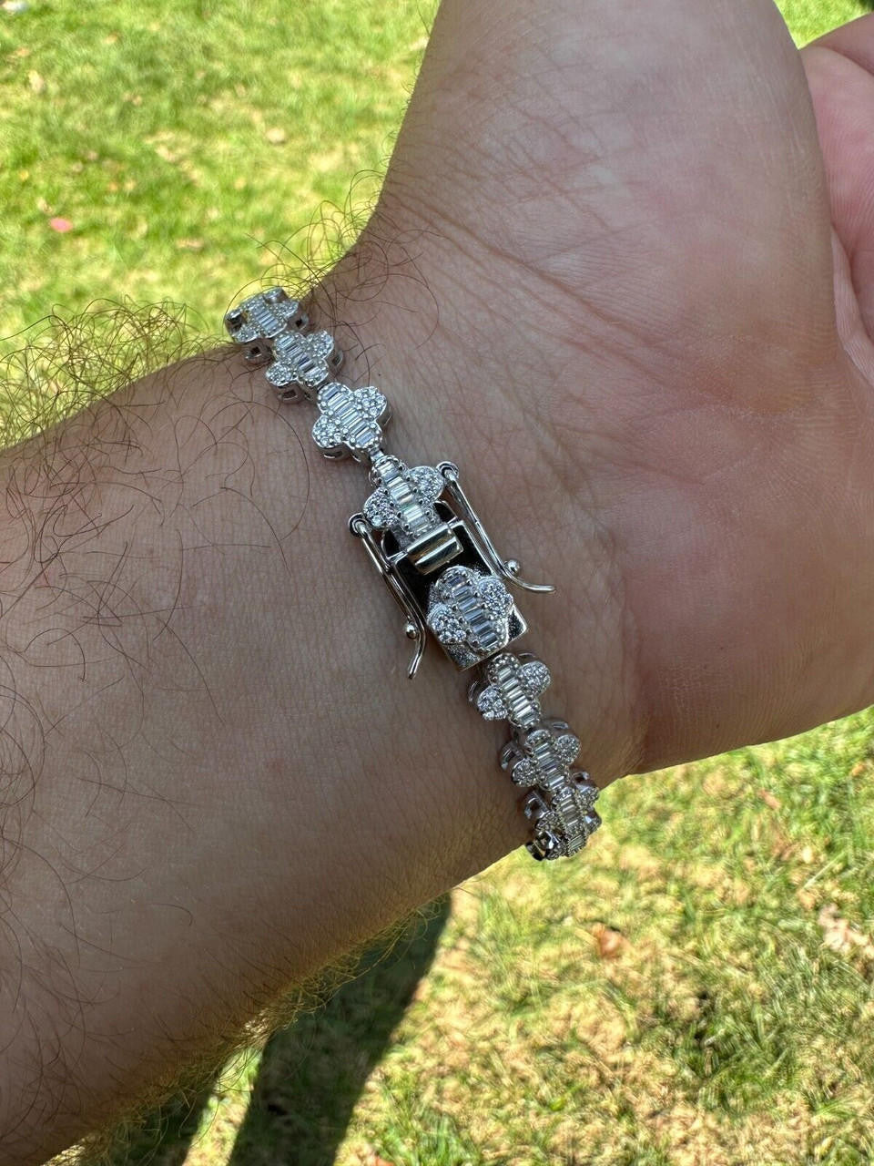 HarlemBling Real Solid 925 Silver 12mm Iced Baguette CZ Clover Graduated Tennis Bracelet