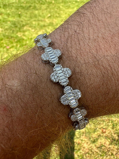 HarlemBling Real Solid 925 Silver 12mm Iced Baguette CZ Clover Graduated Tennis Bracelet