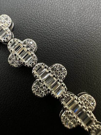 HarlemBling Real Solid 925 Silver 12mm Iced Baguette CZ Clover Graduated Tennis Bracelet