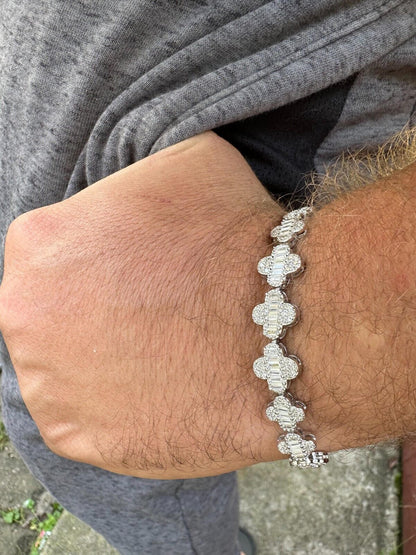 HarlemBling Real Solid 925 Silver 12mm Iced Baguette CZ Clover Graduated Tennis Bracelet