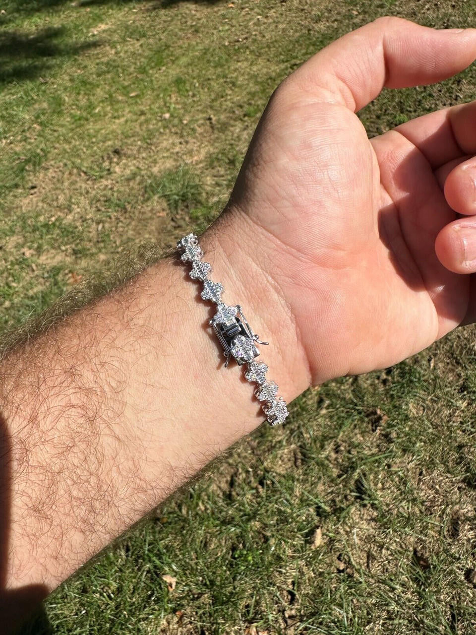 HarlemBling Real Solid 925 Silver 12mm Iced Baguette CZ Clover Graduated Tennis Bracelet