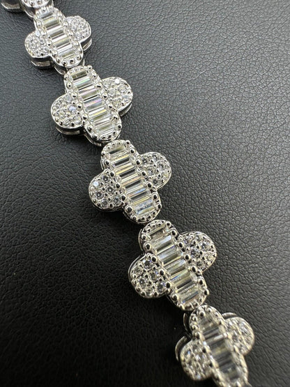 HarlemBling Real Solid 925 Silver 12mm Iced Baguette CZ Clover Graduated Tennis Bracelet