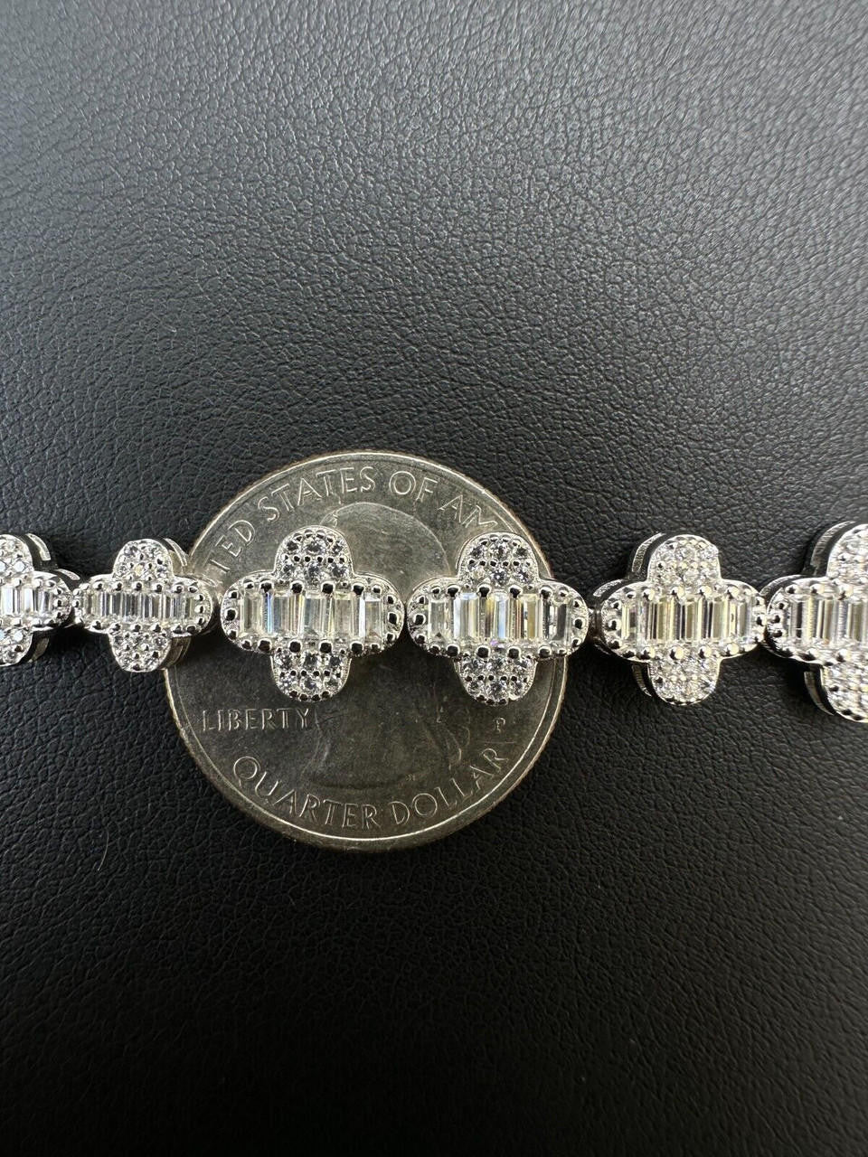 HarlemBling Real Solid 925 Silver 12mm Iced Baguette CZ Clover Graduated Tennis Bracelet