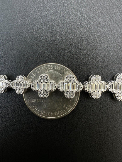 HarlemBling Real Solid 925 Silver 12mm Iced Baguette CZ Clover Graduated Tennis Bracelet