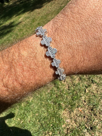 HarlemBling Real Solid 925 Silver 12mm Iced Baguette CZ Clover Graduated Tennis Bracelet