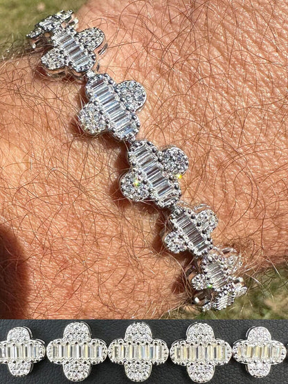 HarlemBling Real Solid 925 Silver 12mm Iced Baguette CZ Clover Graduated Tennis Bracelet