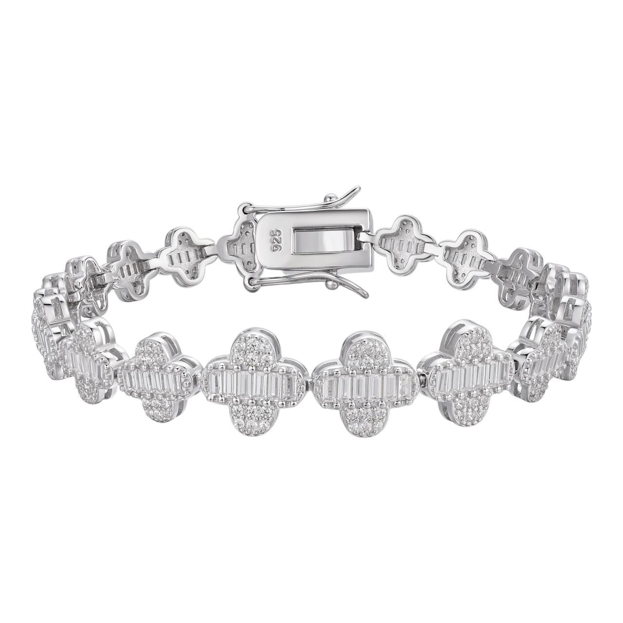 HarlemBling Real Solid 925 Silver 12mm Iced Baguette CZ Clover Graduated Tennis Bracelet