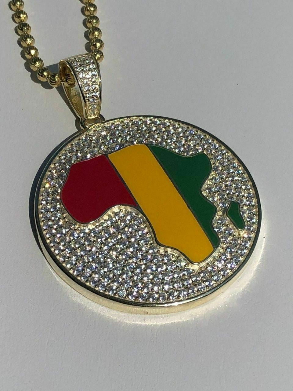 HarlemBling Real Solid 925 Silver AFRICA Map Flag Pendant Medallion 14k Gold Nigeria Diamond