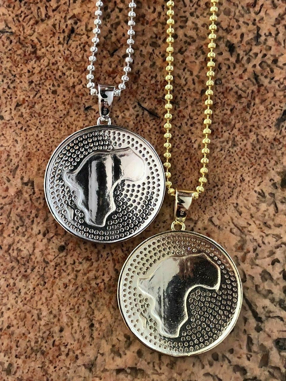 HarlemBling Real Solid 925 Silver AFRICA Map Flag Pendant Medallion 14k Gold Nigeria Diamond
