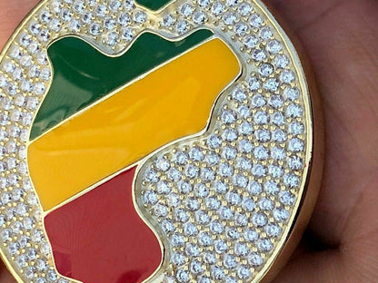 HarlemBling Real Solid 925 Silver AFRICA Map Flag Pendant Medallion 14k Gold Nigeria Diamond