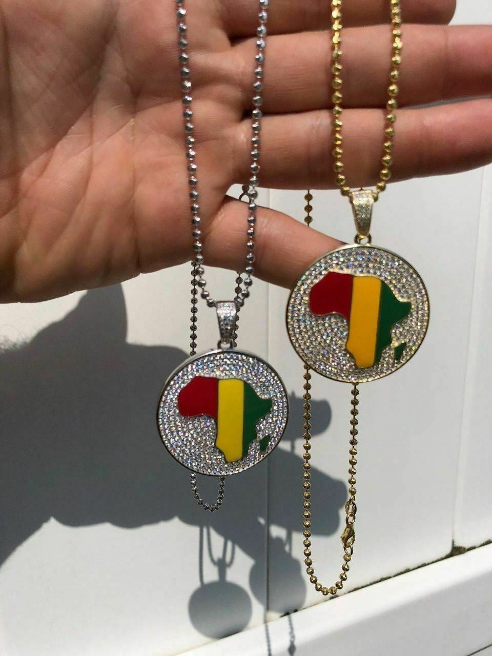 HarlemBling Real Solid 925 Silver AFRICA Map Flag Pendant Medallion 14k Gold Nigeria Diamond