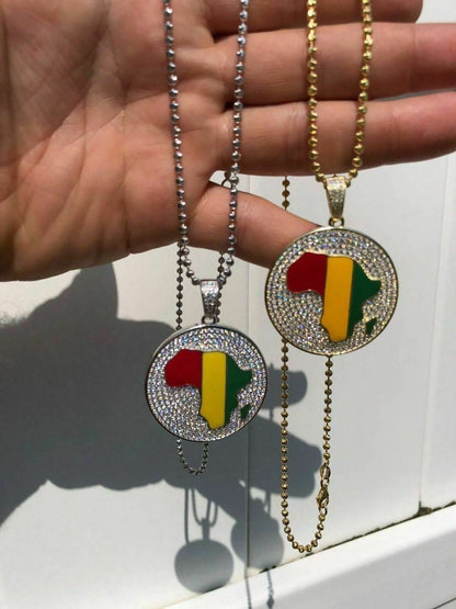 HarlemBling Real Solid 925 Silver AFRICA Map Flag Pendant Medallion 14k Gold Nigeria Diamond