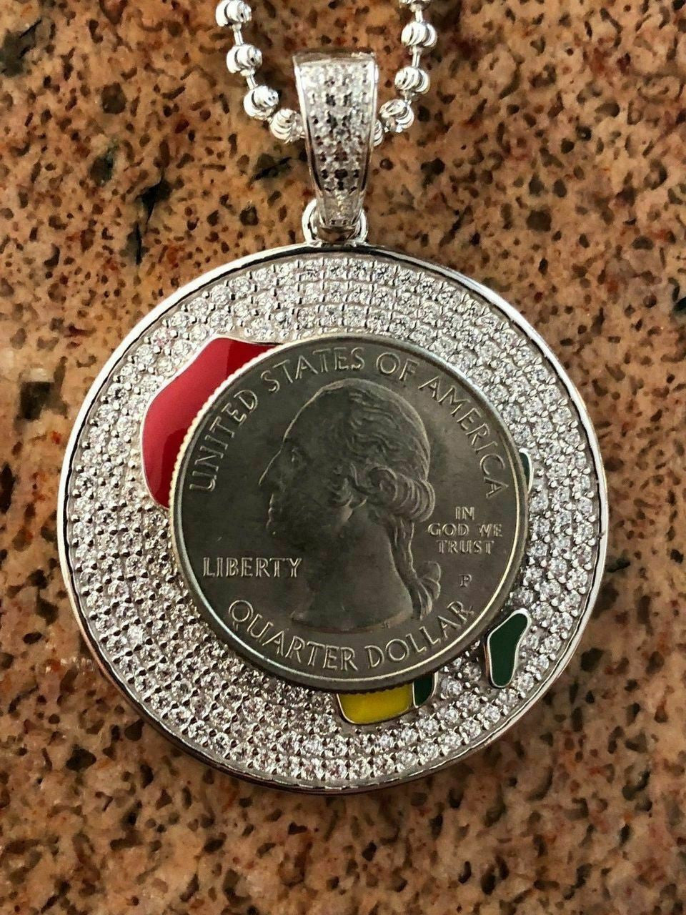 HarlemBling Real Solid 925 Silver AFRICA Map Flag Pendant Medallion 14k Gold Nigeria Diamond