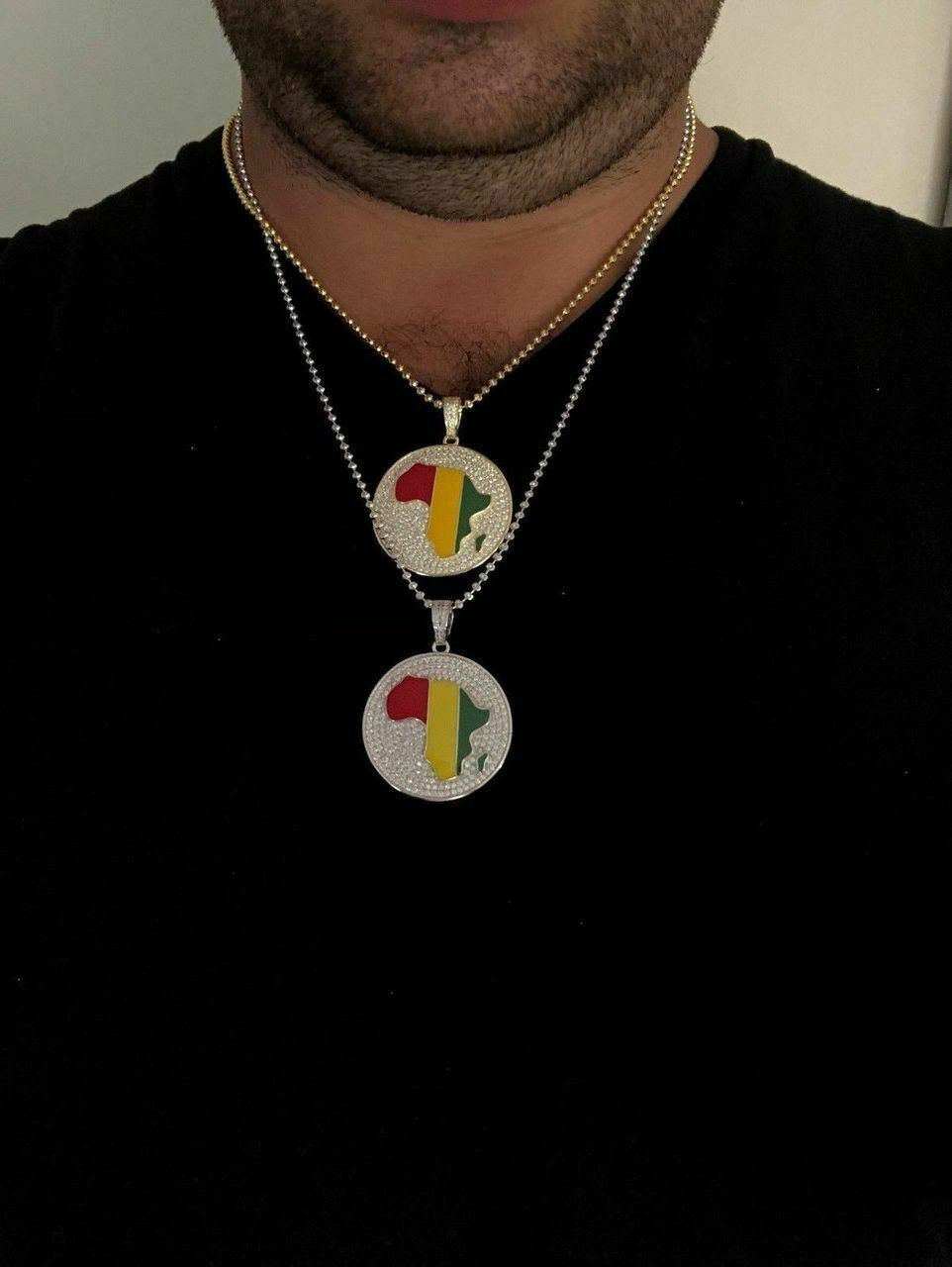 HarlemBling Real Solid 925 Silver AFRICA Map Flag Pendant Medallion 14k Gold Nigeria Diamond