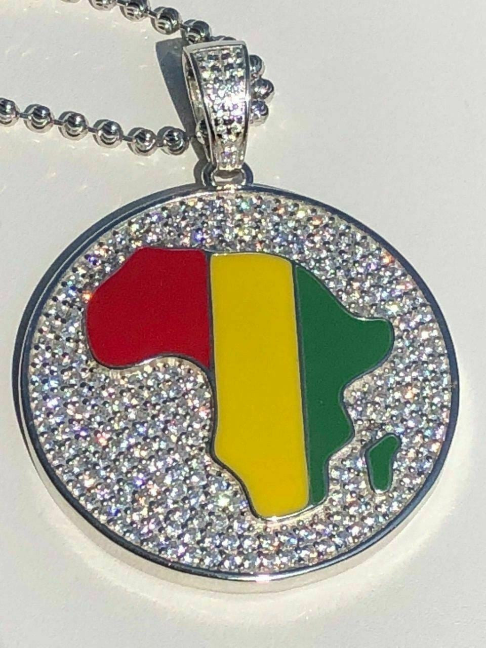 HarlemBling Real Solid 925 Silver AFRICA Map Flag Pendant Medallion 14k Gold Nigeria Diamond
