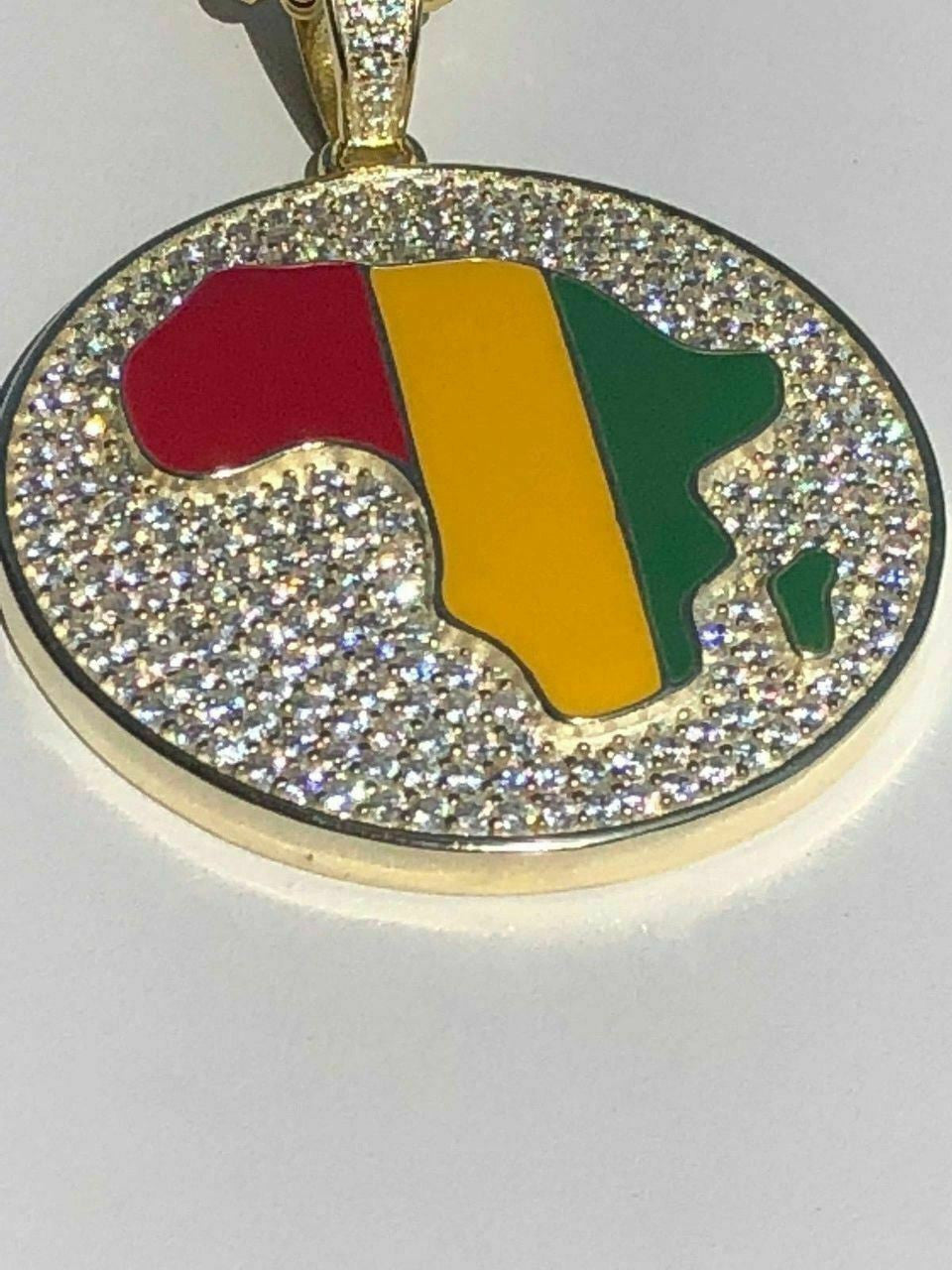 HarlemBling Real Solid 925 Silver AFRICA Map Flag Pendant Medallion 14k Gold Nigeria Diamond