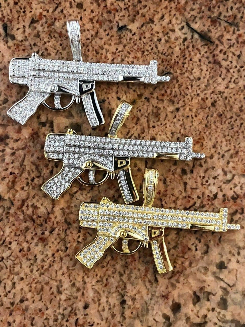 HarlemBling Real Solid 925 Silver AK-47 Machine Gun Diamond Piece Super Icy Pendant W Chain