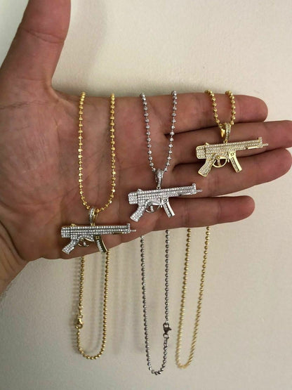 HarlemBling Real Solid 925 Silver AK-47 Machine Gun Diamond Piece Super Icy Pendant W Chain
