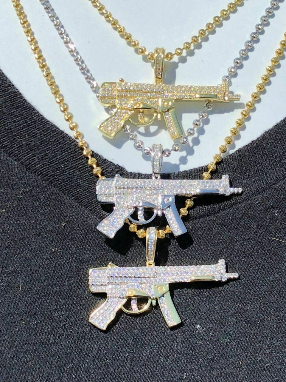 HarlemBling Real Solid 925 Silver AK-47 Machine Gun Diamond Piece Super Icy Pendant W Chain