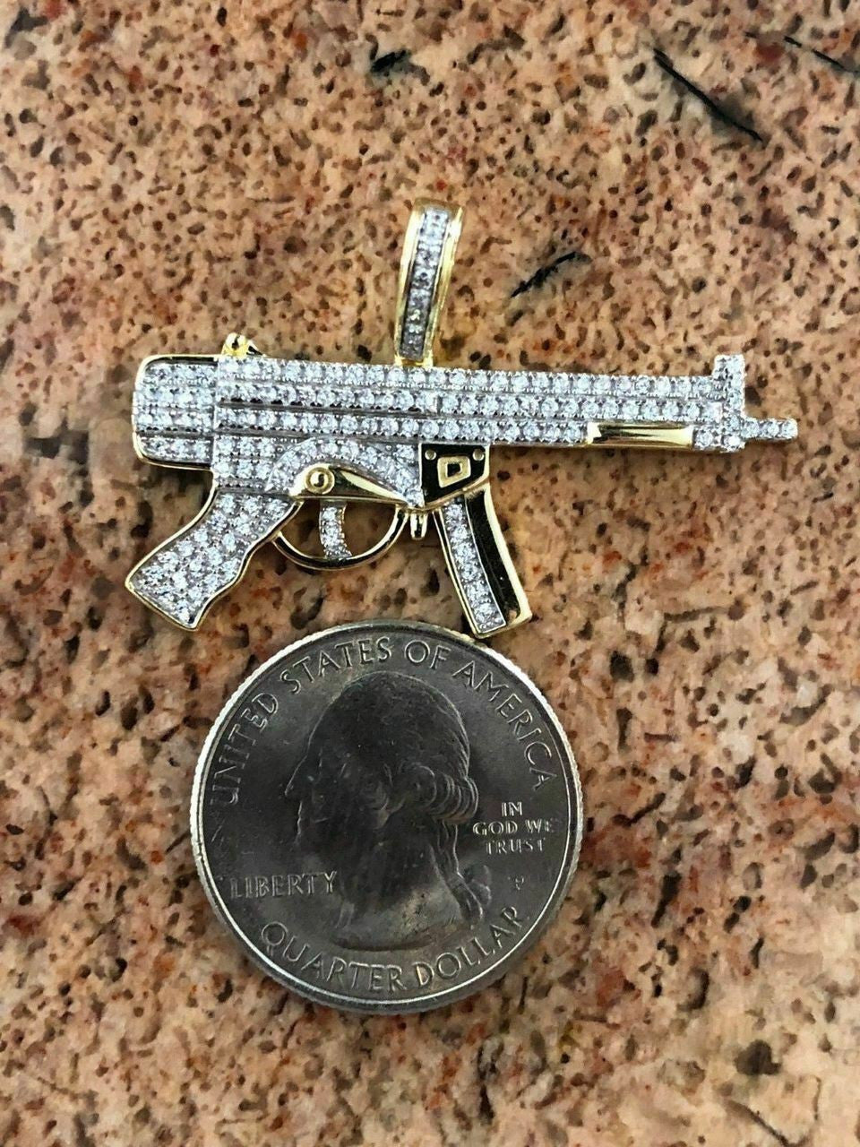 HarlemBling Real Solid 925 Silver AK-47 Machine Gun Diamond Piece Super Icy Pendant W Chain