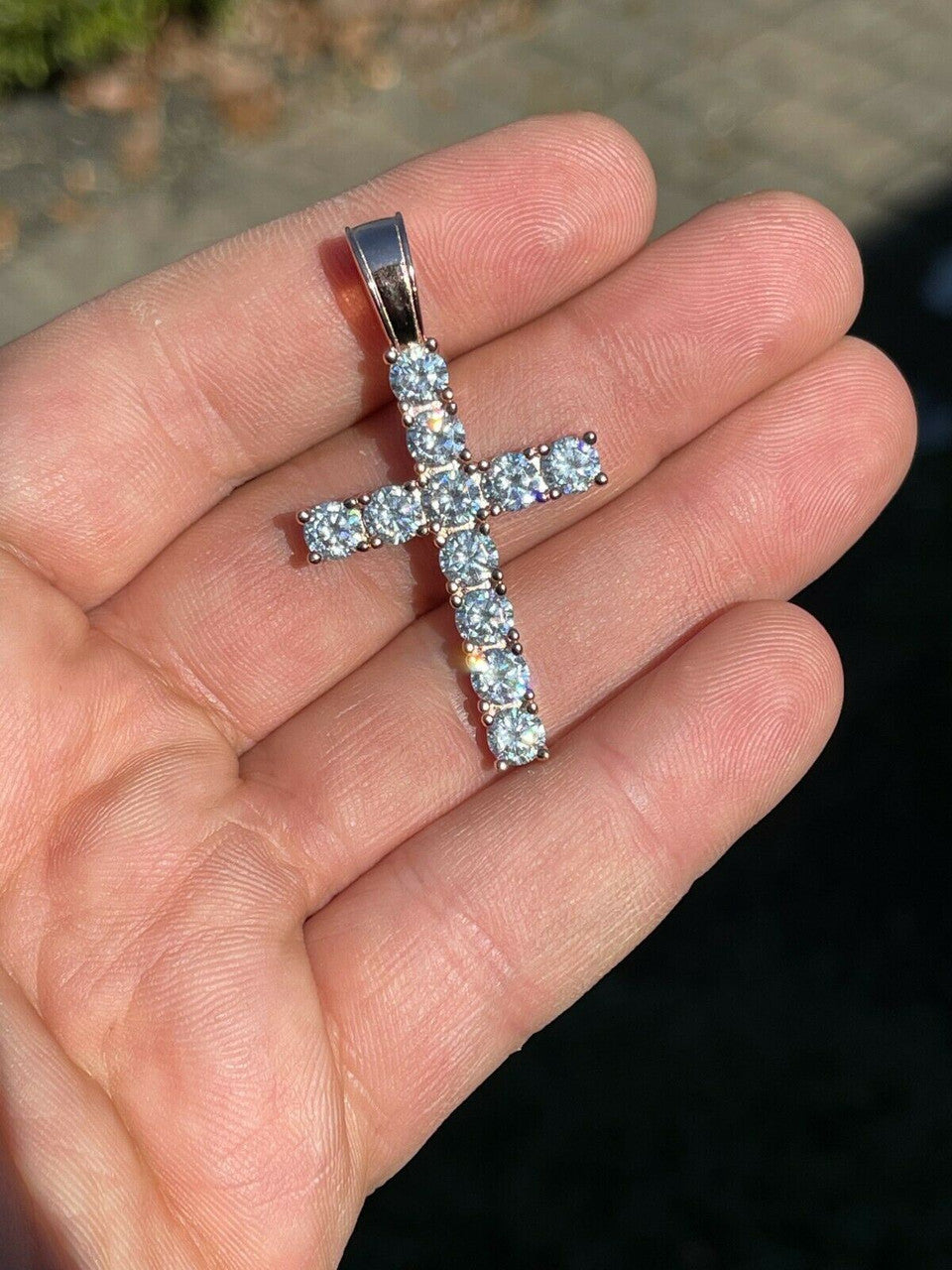 Real Solid 925 Silver & 14k Rose Gold Tennis Cross Pendant Diamond