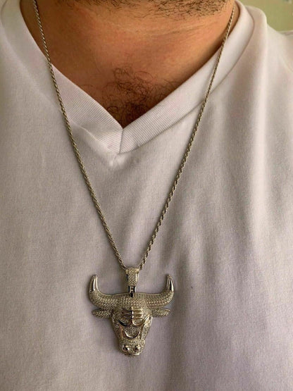 HarlemBling Real Solid 925 Silver Chicago Bulls Iced Pendant Chain 1.5x1.5 Icy Jordan Piece