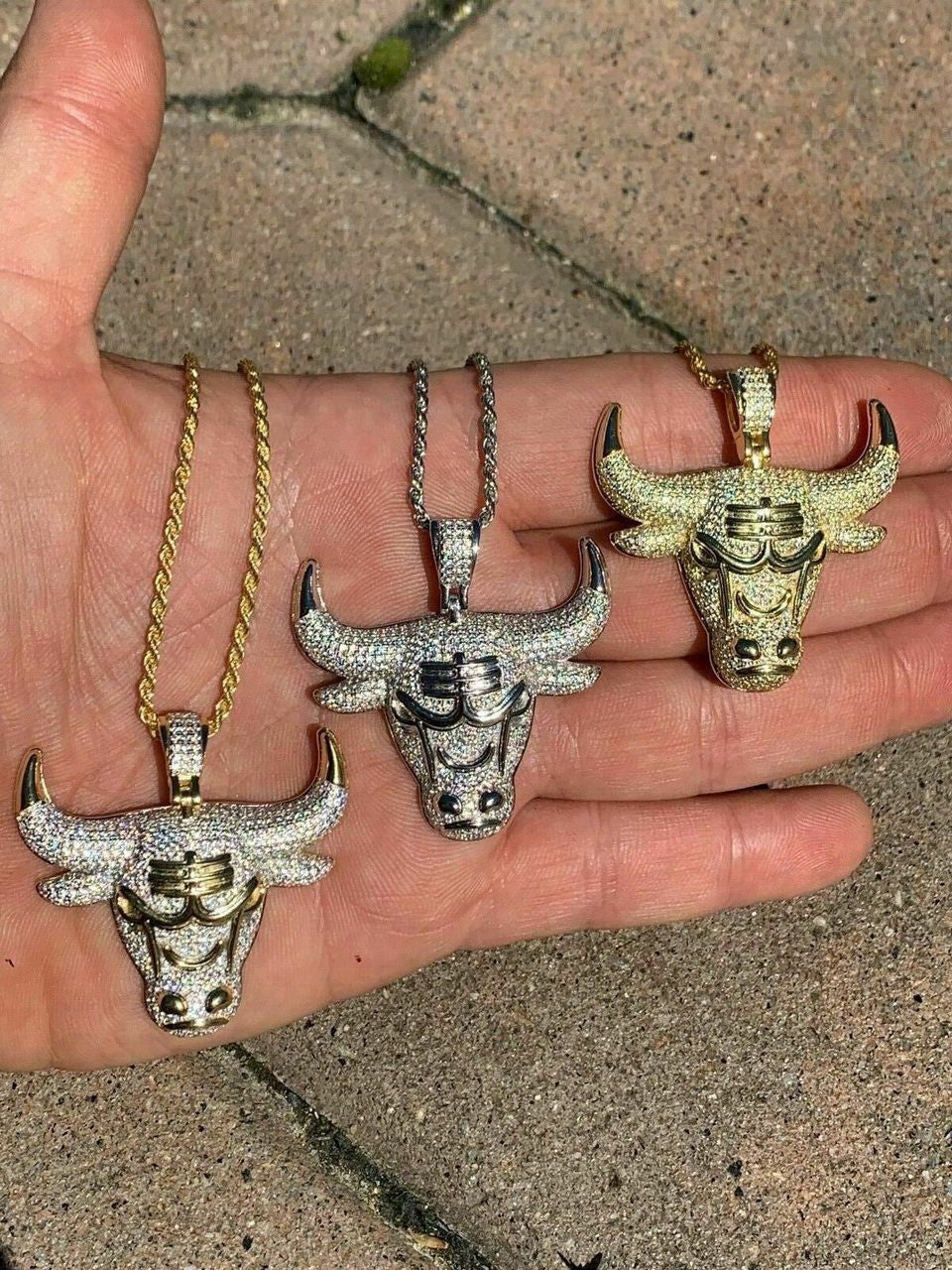 HarlemBling Real Solid 925 Silver Chicago Bulls Iced Pendant Chain 1.5x1.5 Icy Jordan Piece