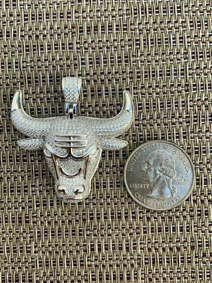 HarlemBling Real Solid 925 Silver Chicago Bulls Iced Pendant Chain 1.5x1.5 Icy Jordan Piece