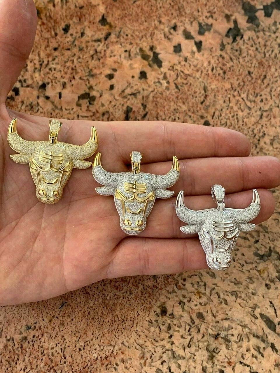 HarlemBling Real Solid 925 Silver Chicago Bulls Iced Pendant Chain 1.5x1.5 Icy Jordan Piece