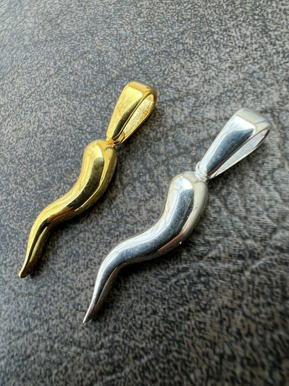 HarlemBling Real Solid 925 Silver / Gold Italian Cornicello Horn Pepper Pendant Necklace