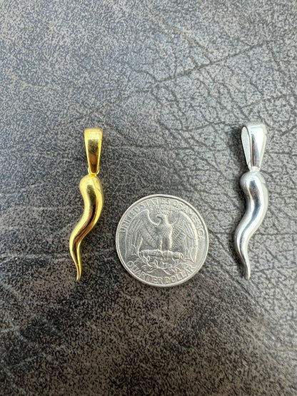 HarlemBling Real Solid 925 Silver / Gold Italian Cornicello Horn Pepper Pendant Necklace