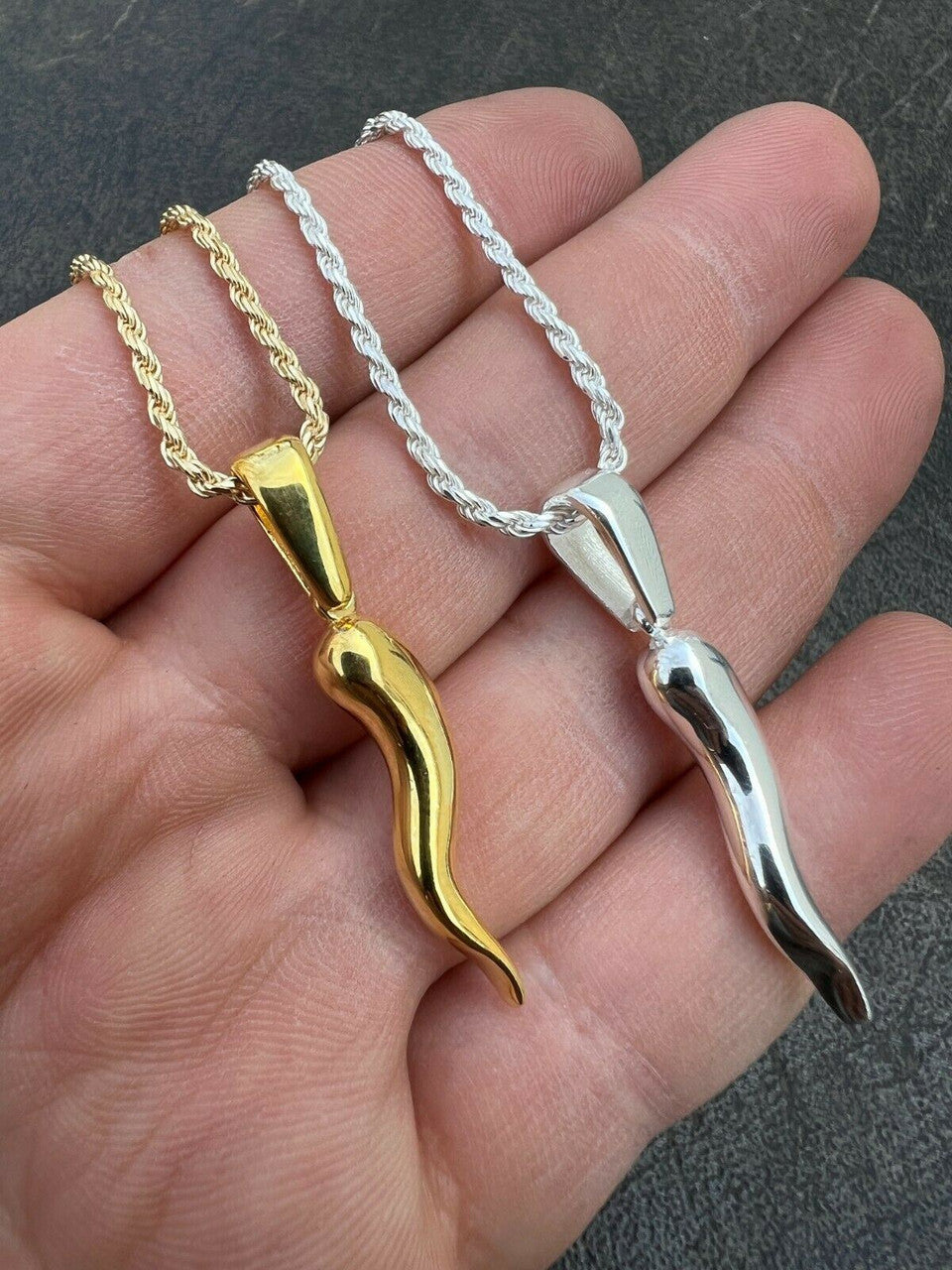 HarlemBling Real Solid 925 Silver / Gold Italian Cornicello Horn Pepper Pendant Necklace