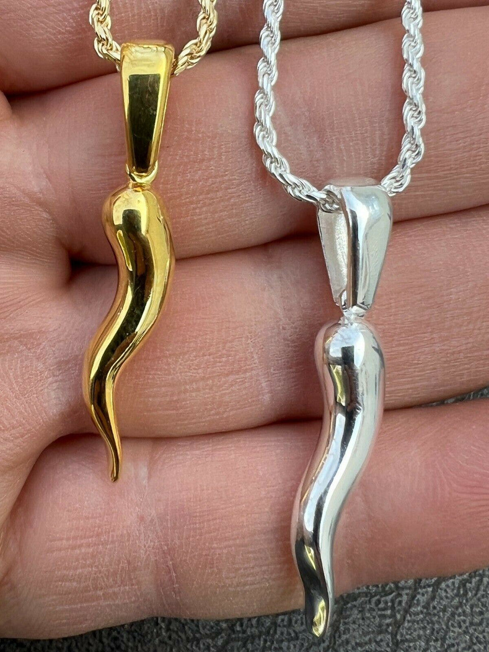 HarlemBling Real Solid 925 Silver / Gold Italian Cornicello Horn Pepper Pendant Necklace