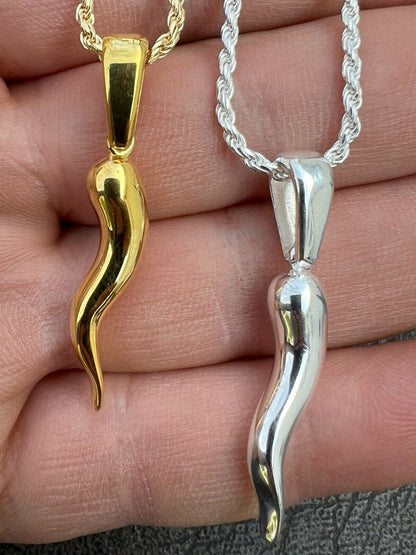HarlemBling Real Solid 925 Silver / Gold Italian Cornicello Horn Pepper Pendant Necklace