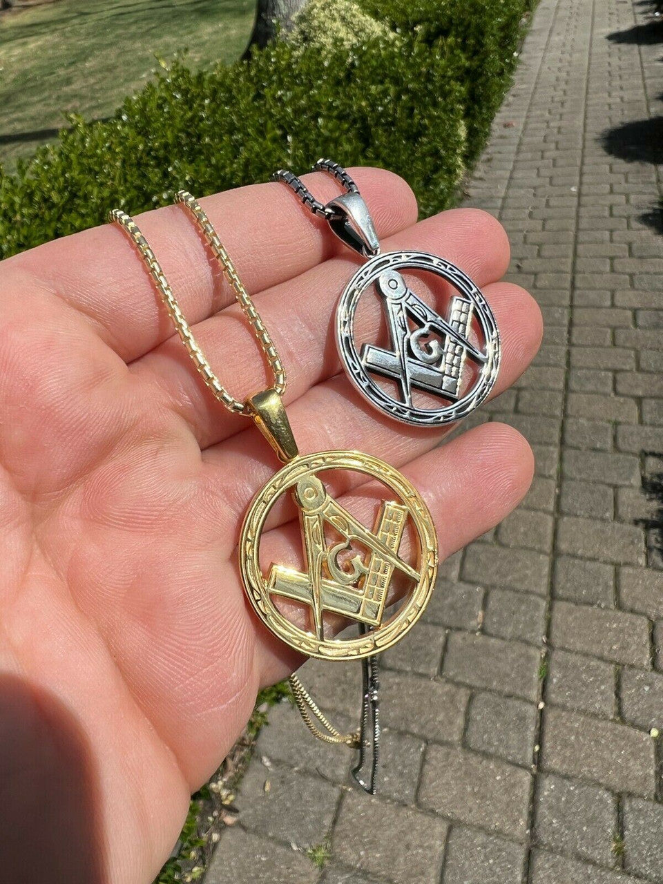 HarlemBling Real Solid 925 Silver / Gold Round Freemason Masonic Medallion Pendant Necklace