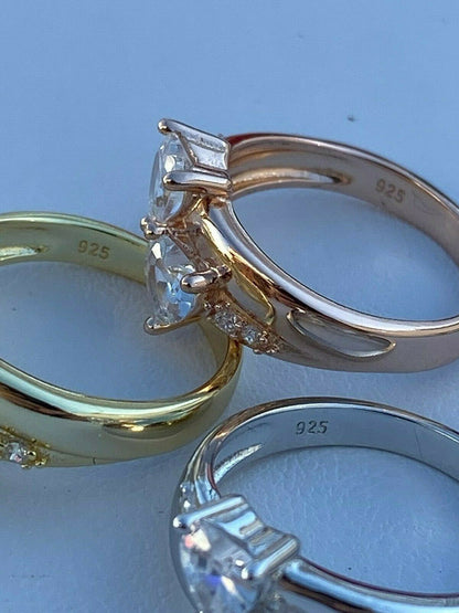 HarlemBling Real Solid 925 Silver Heart Diamond Engagement Promise Ring 14k Yellow Rose Gold